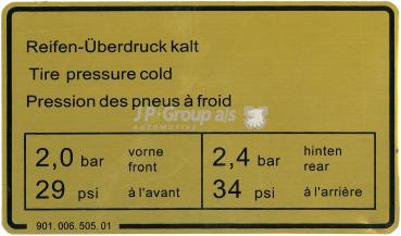 Klebeschild, Reifendruck 2,7-3,3 08/73-07/83