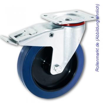 Transportgeräte-Lenkrolle mit Totalstopp, blauem Elastik-Vollgummirad 100 mm und Plattenbefestigung